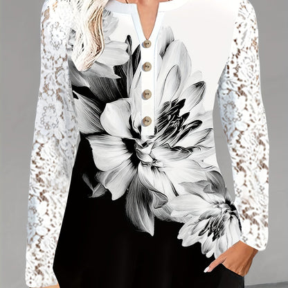 Plus Size Floral Delight Blouse - Lace Trimmed V Neck, Flowy Long Sleeves - Perfect Spring Fashion for Women