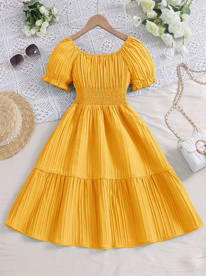 Knee High Girls Elegant Peplum Dress - Shirred, Puff Short Sleeve, Boat Neck, Non-Stretch Polyester, Solid Color, Casual Vacation Dress for Spring and Summer