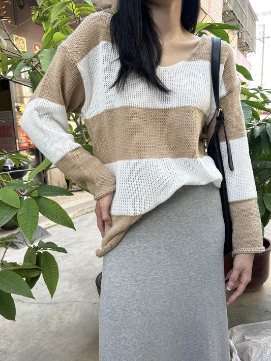 Antmvs Color Block Striped Pullover Sweater, Vintage V Neck Long Sleeve Sweater, Women's Clothing