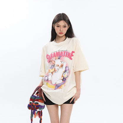 Antmvs SAWARATINE Graphic Image Print Solid Color Short Sleeve Tee Shirt Top