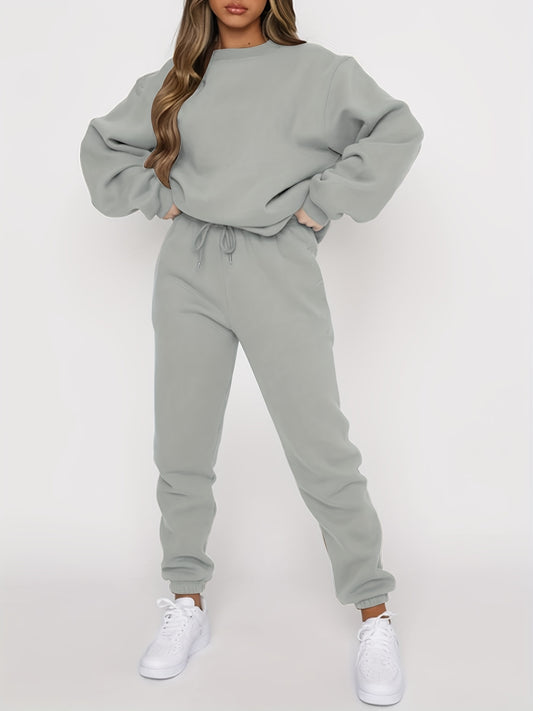 Antmvs Solid Casual Two-piece Set, Crew Neck Long Sleeve Tops & Drawstring Jogger Pants Oufits, Women's Clothing