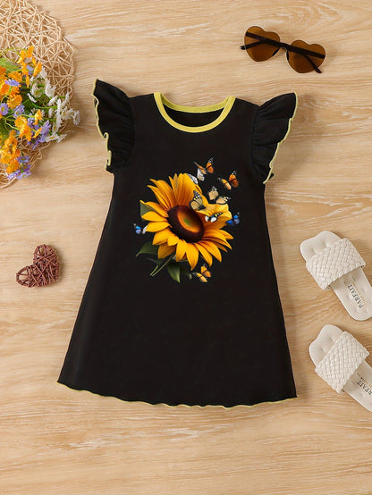 Sunflower & Butterfly Print Dress - Vibrant Sleeveless Crew Neck Ruffle Trim Cotton Dress for Summer, Perfect for Little Girls, Ideal Gift for Birthdays and Holidays, Part of Girls Casual Daily Wear Collection