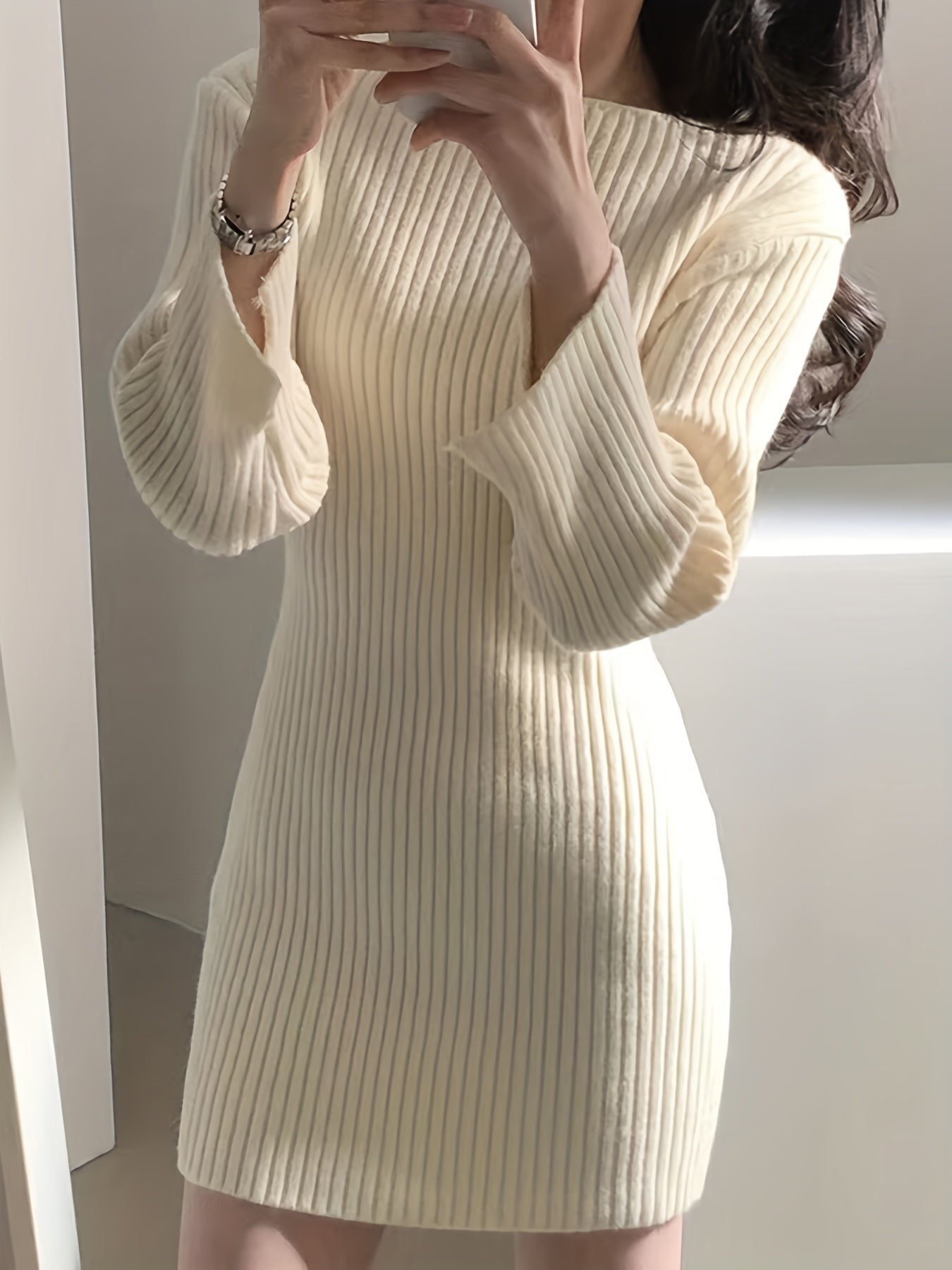 Antmvs Solid Boat Neck Sweater Dress, Elegant Long Sleeve Bodycon Knitted Dress, Women's Clothing