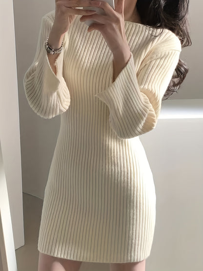 Antmvs Solid Boat Neck Sweater Dress, Elegant Long Sleeve Bodycon Knitted Dress, Women's Clothing