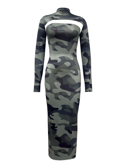 Antmvs Camo Print Slim Two-piece Dress Set, Mock Neck Shrug Top & Slit Tube Dress Outfits, Women's Clothing