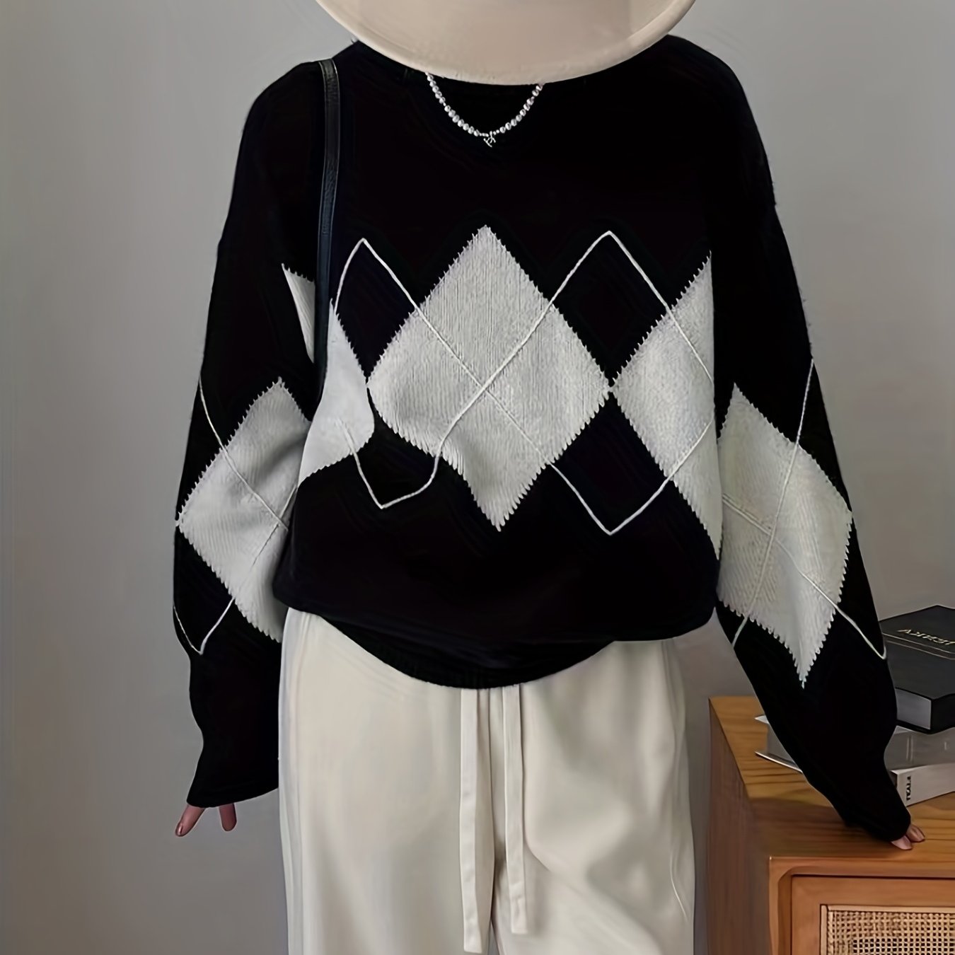 Antmvs Argyle Print Knit Sweater, Casual Crew Neck Long Sleeve Sweater, Women's Clothing