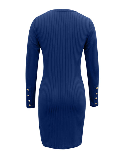 Antmvs Solid Ribbed Dress, Elegant Crew Neck Long Sleeve Buttons Dress, Women's Clothing