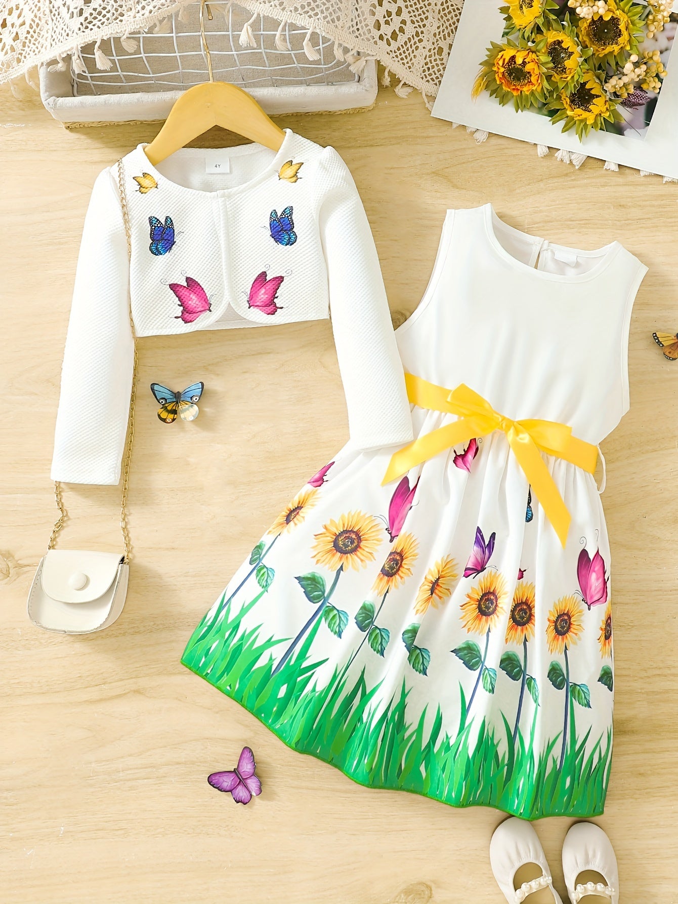 2pcs Little Girl Butterfly Dresses Outfit Floral Tank Dress And Graphic Cardigan Top Set, For Cute And Casual Look, Kids Clothing Gift