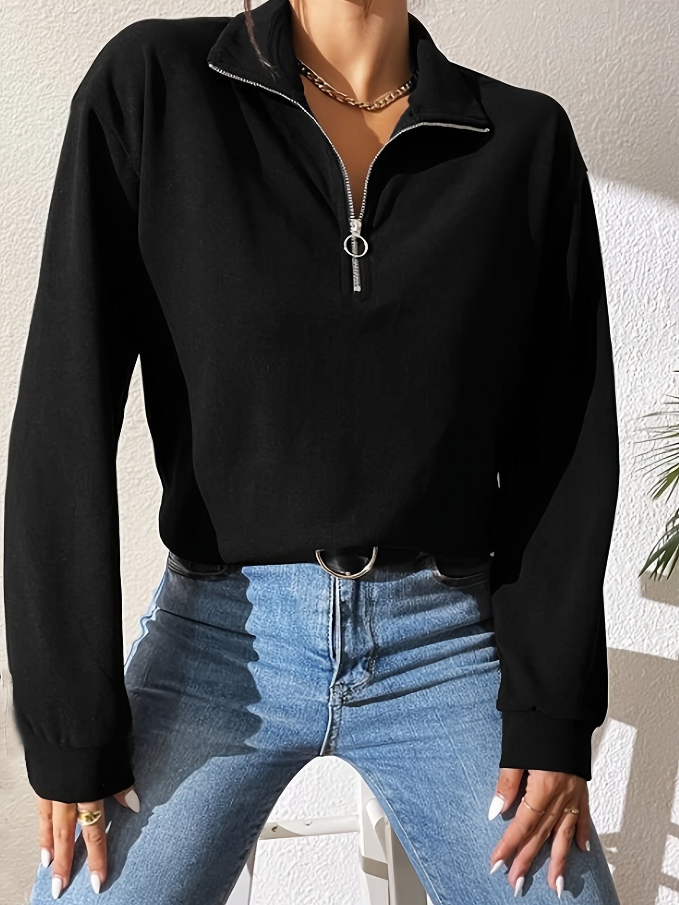 Antmvs Quarter Zip Lapel Pullover Sweatshirt, Casual Long Sleeve Sweatshirt For Fall & Winter, Women's Clothing