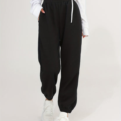 Antmvs Solid Color Elastic Waist Casual Pants, Comfortable Loose Sports Casual Sweatpants, Women's Athleisure