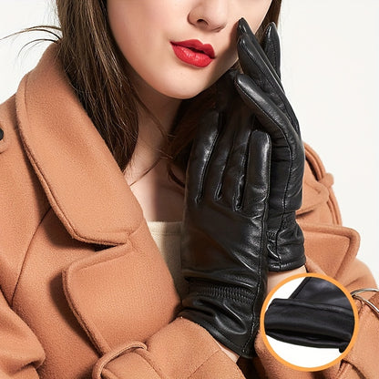 Women's Black Sheepskin Gloves Stylish Plus Velvet Warm Real Leather Gloves Autumn Winter Bow Ruffle Decor Coldproof Riding Gloves