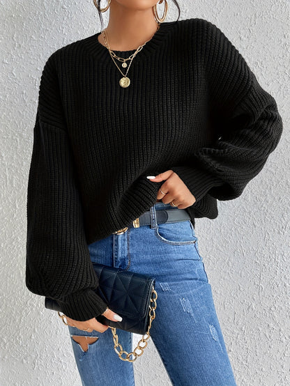 Antmvs Solid Crew Neck Pullover Sweater, Casual Long Sleeve Sweater For Fall & Winter, Women's Clothing