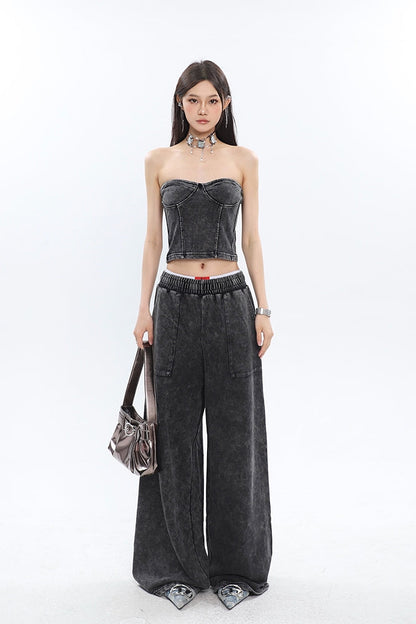 Antmvs Mina Vintage Grey Denim Bandeau Top + Straight Wide Leg Jeans Pants Matching Set