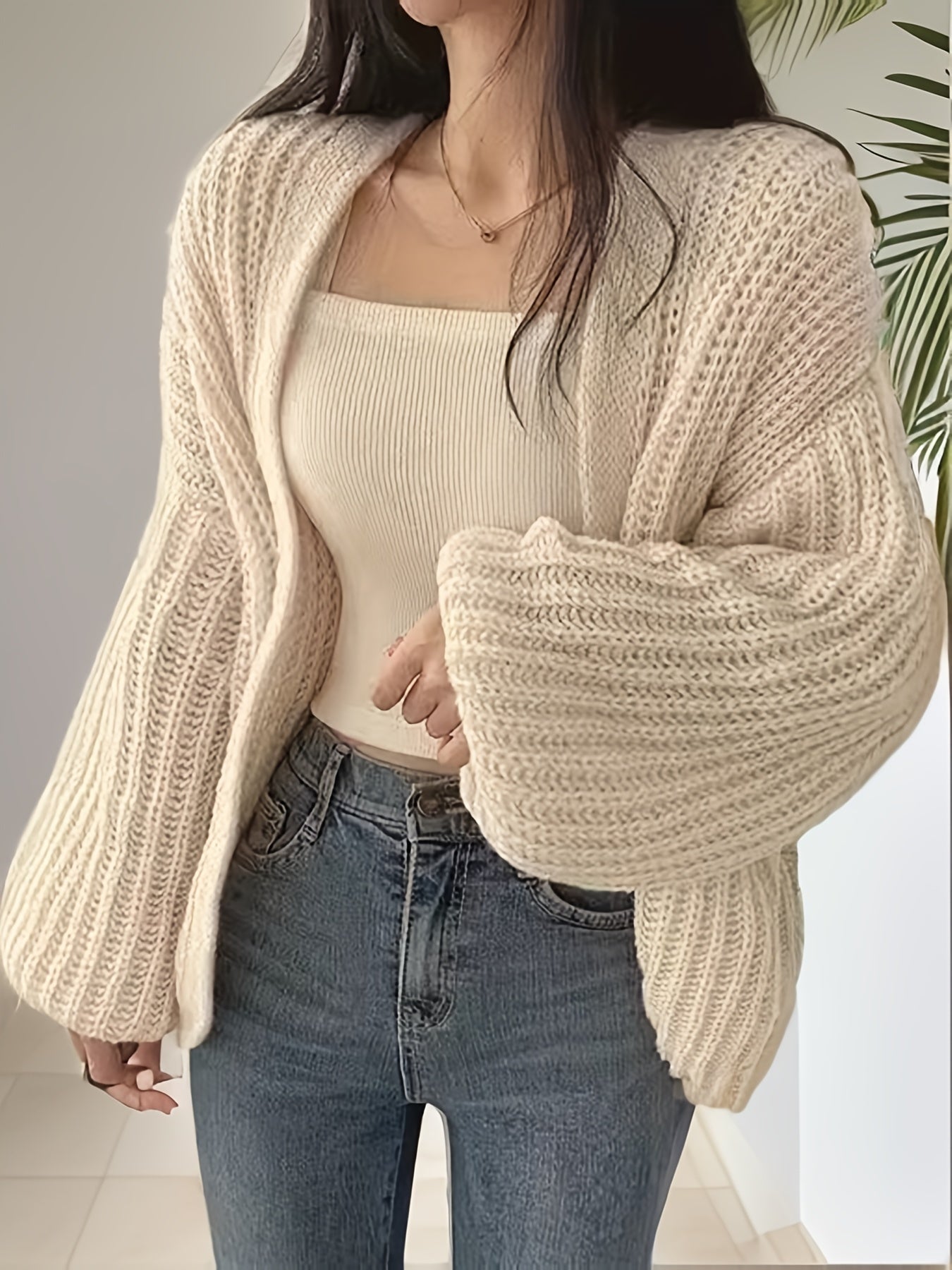 Antmvs Solid Open Front Knit Cardigan, Casual Long Sleeve Loose Slouchy Sweater, Women's Clothing