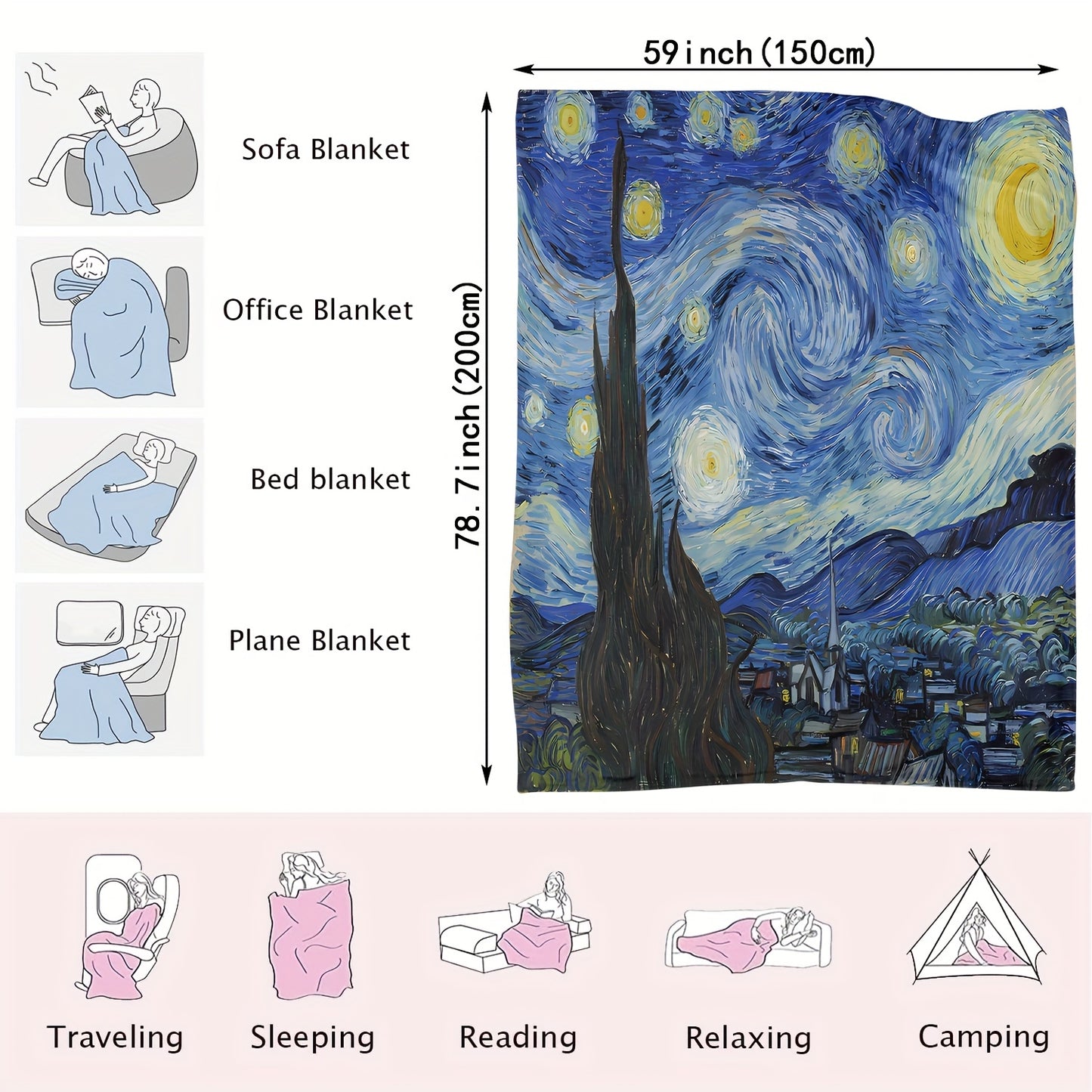 1pc Premium Flannel Art Blanket with Vibrant Van Gogh Starry Night Design - Soft, Cozy, and Durable Home Decor for Bedroom, Living Room, Office, and Travel - Unique Fashion Art Piece for Any Space