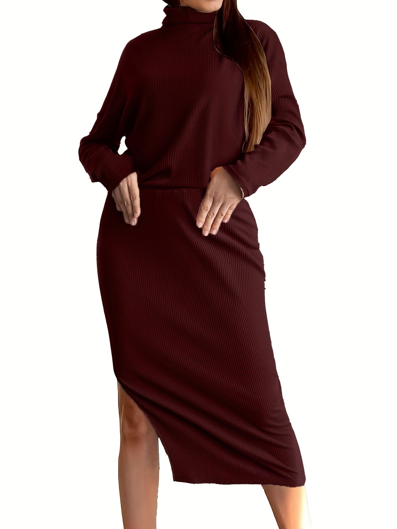 Antmvs Plus Size Casual Outfits Two Piece Set, Women's Plus Solid Ribbed Long Sleeve High Neck Top & Split Hem Midi Skirt Outfits 2 Piece Set