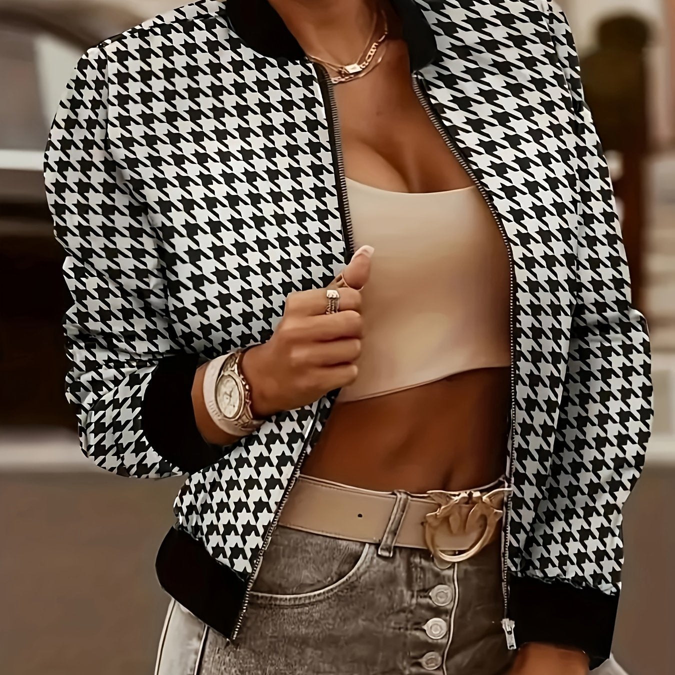 Antmvs Houndstooth Print Bomber Jacket, Casual Zip Up Long Sleeve Outerwear, Women's Clothing