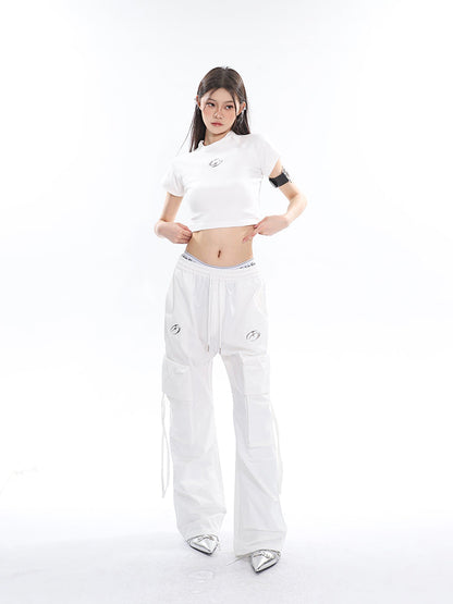 Antmvs Sia Solid Color White Slim Short Sleeve Cropped Top + High Waist Baggy Multi-Pocket Cargo Pants Matching Set