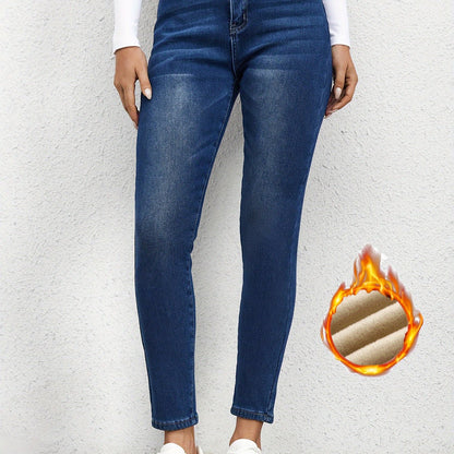 Antmvs Blue Fleece Liner Skinny Jeans, Slim Fit Mid-Stretch Keep Warm Casual Denim Pants, Women's Denim Jeans & Clothing