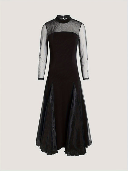 Antmvs Solid Mesh Splicing Mock Neck Dress, Elegant Long Sleeve Swing Maxi Dress For Party & Banquet, Women's Clothing