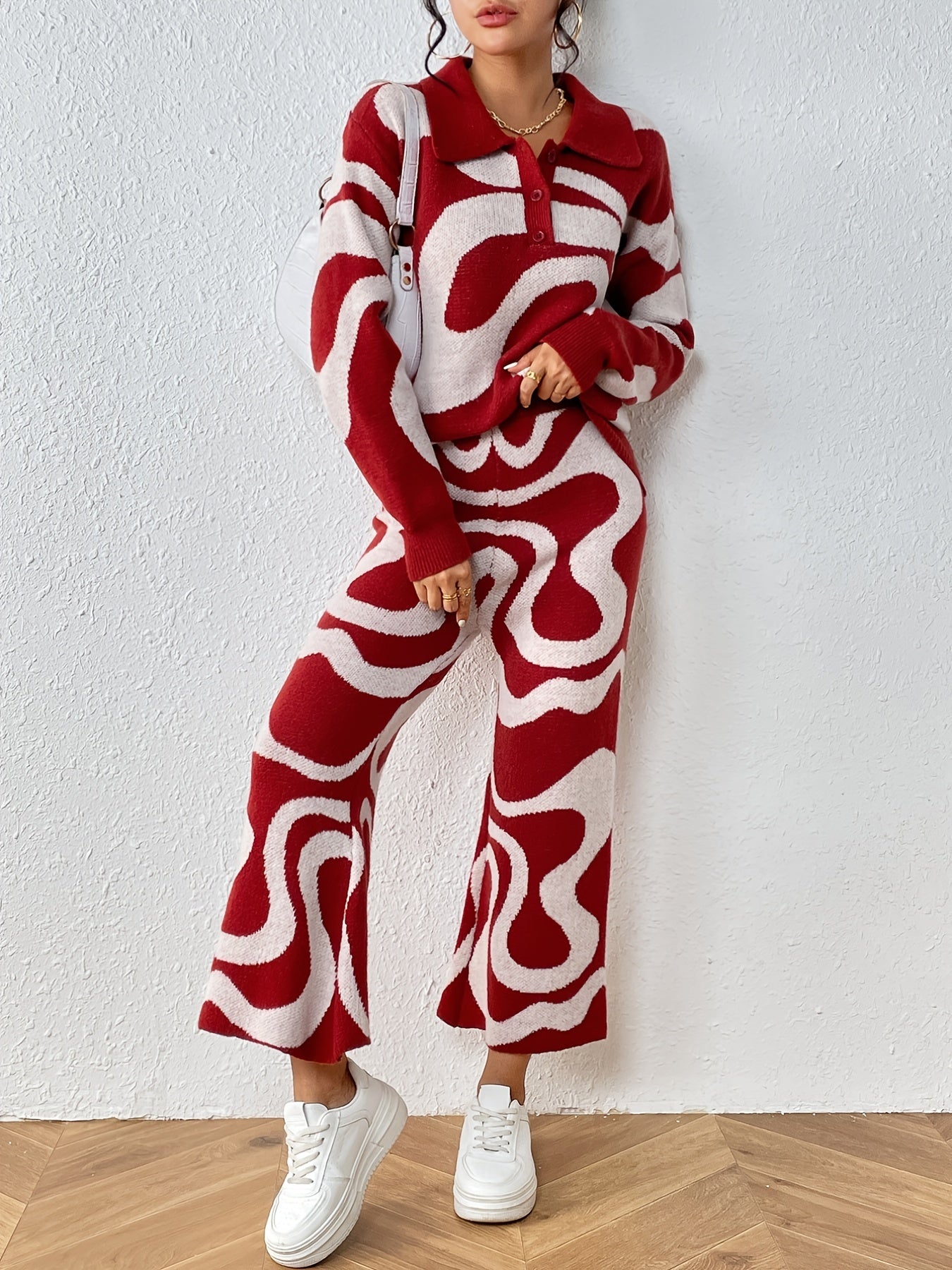 Antmvs All Over Pattern Knitted Two-piece Set, Collared Long Sleeve Top & Loose Pants Outfits, Women's Clothing