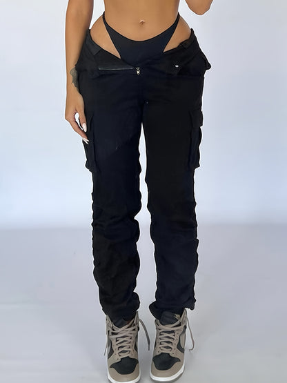 Antmvs Straight Leg Cargo Pants, Y2K Solid High Waist Casual Fashion Slim Wide Leg Pants, Women's Clothing