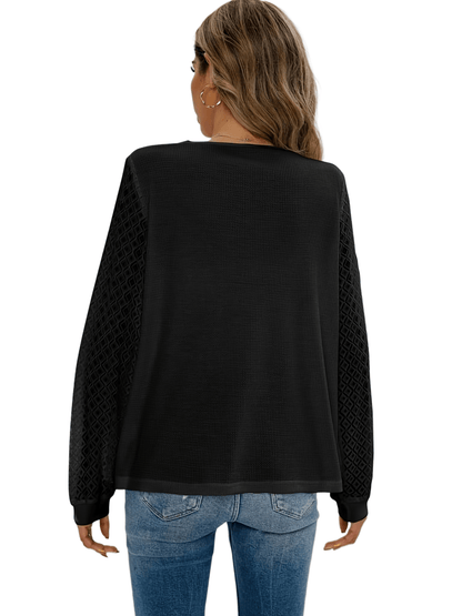 Antmvs Plus Size Casual Knit Top, Women's Plus Solid Contrast Lace V Neck Button Decor Long Sleeve Slight Stretch Sweater