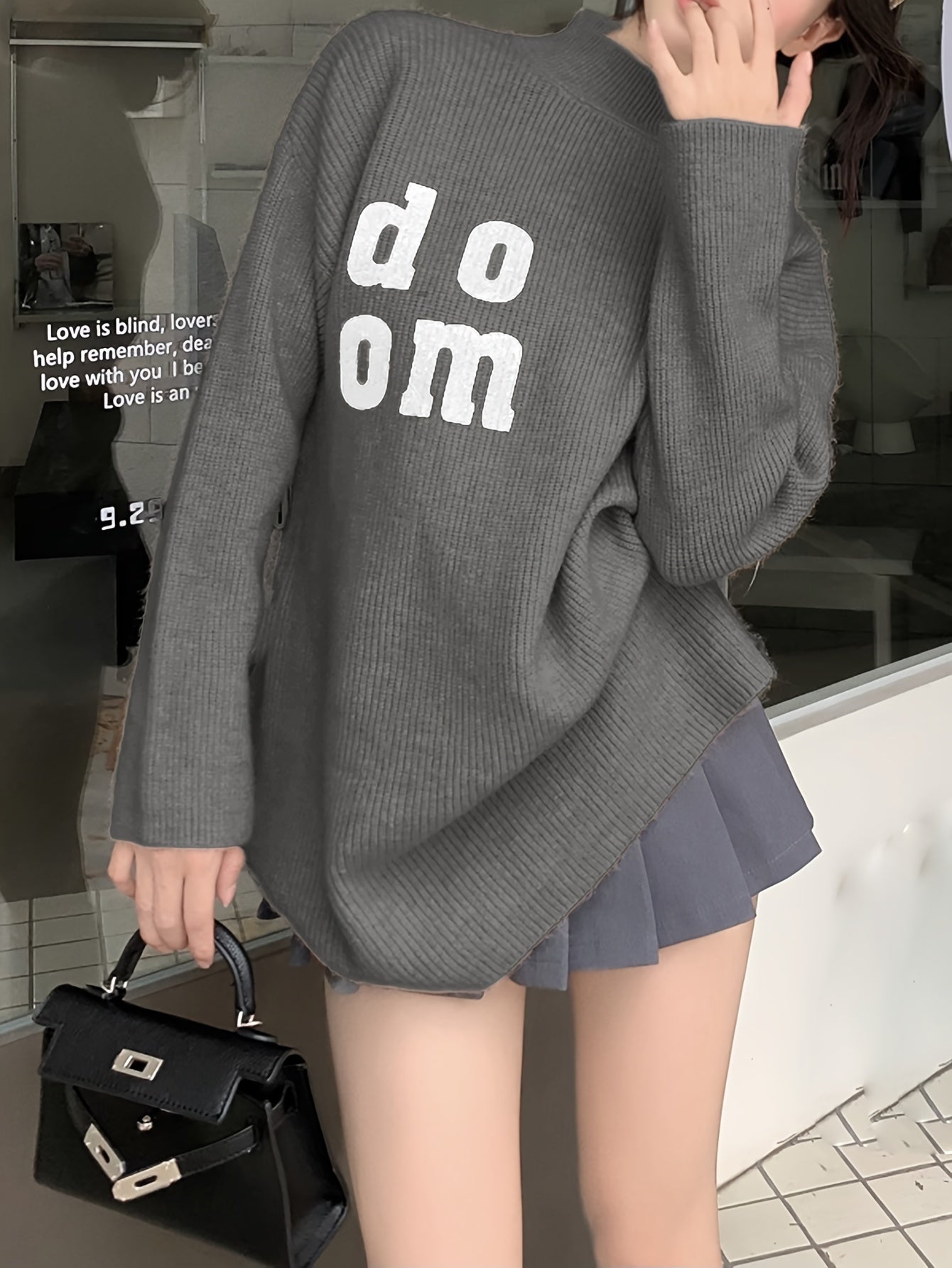 Antmvs Letter Pattern Mock Neck Pullover Sweater, Versatile Long Sleeve Loose Sweater For Fall & Winter, Women's Clothing