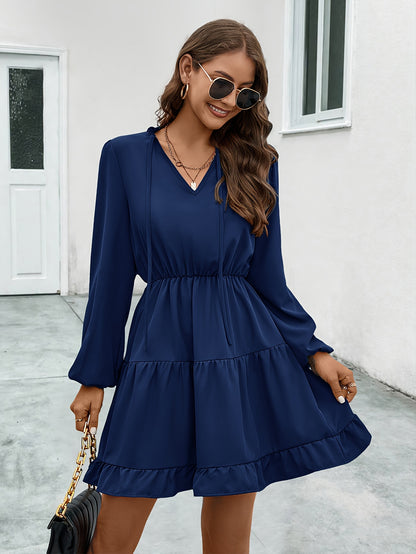 Antmvs Solid Color Lantern Sleeve Dress, Casual A-line Tie-neck Dress For Spring & Fall, Women's Clothing