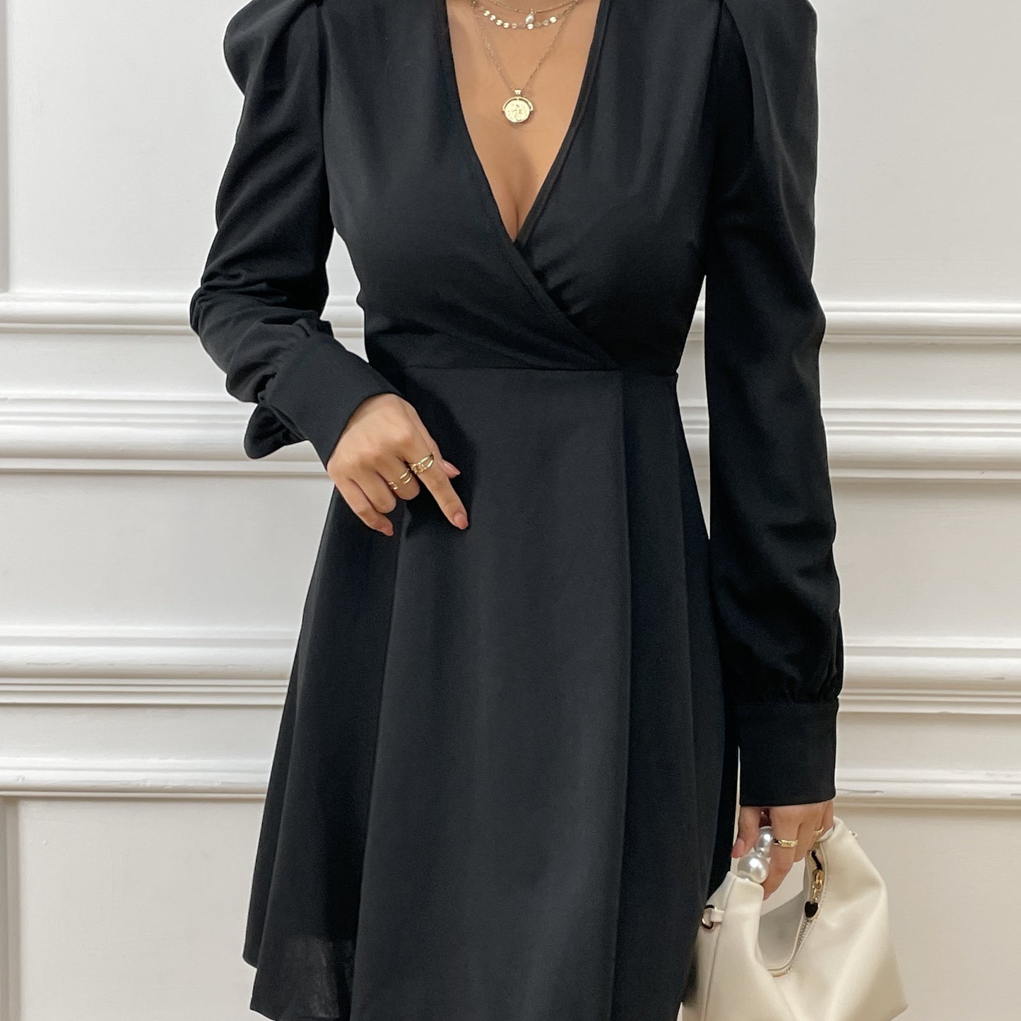 Antmvs Deep V Neck Black Dress, Elegant Long Puff Sleeve Dress, Women's Clothing