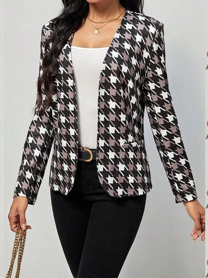 Antmvs Pockets Houndstooth Plus Size Loose V-neck Outerwear Blazer