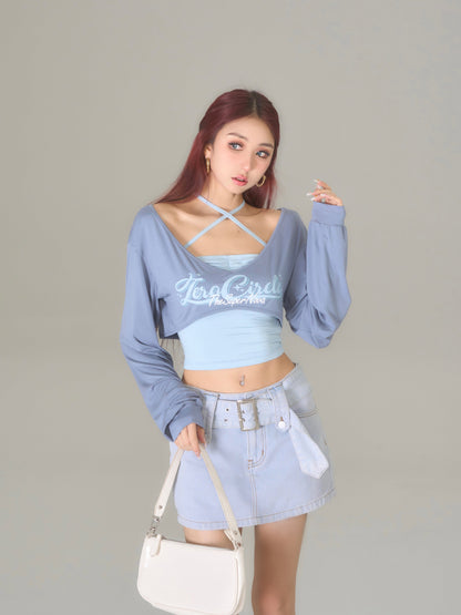 Antmvs ZeroCircle Powder Color Suspender Two-piece Slim Halter Off-the-Shoulder Long Sleeve Cropped Top Set