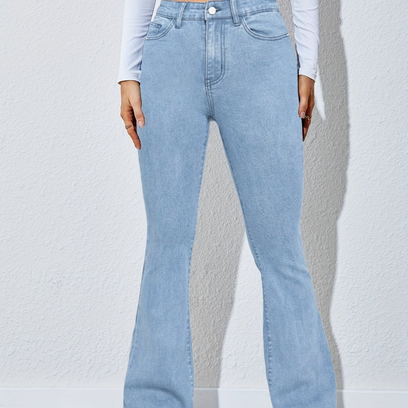 Antmvs High Waist High Strech Light Blue Bootcut Jeans, Zipper Button Closure Flare Leg Causal Denim Pants, Women's Denim Jeans & Clothing