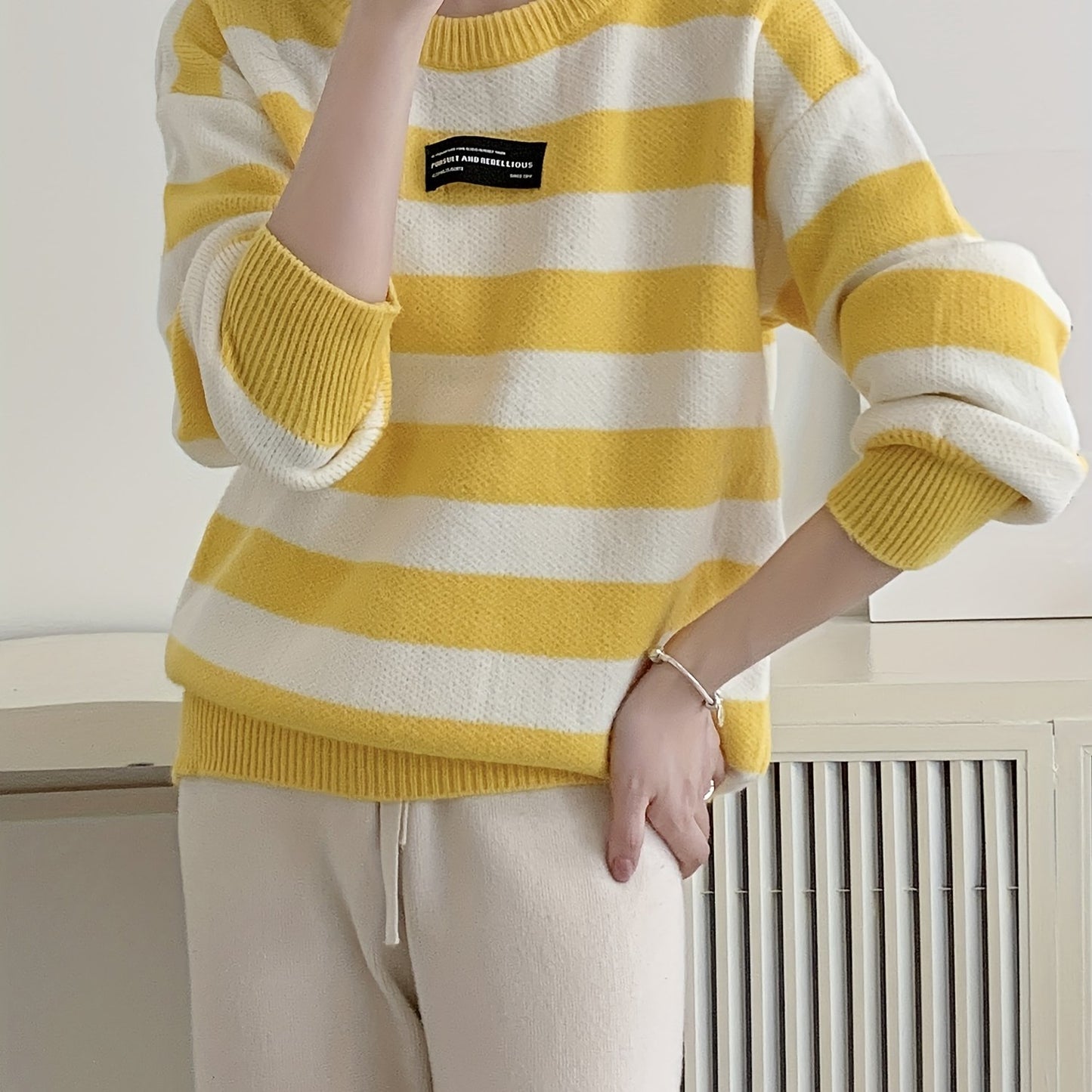 Antmvs Striped Crew Neck Pullover Sweater, Elegant Long Sleeve Loose Sweater, Women's Clothing