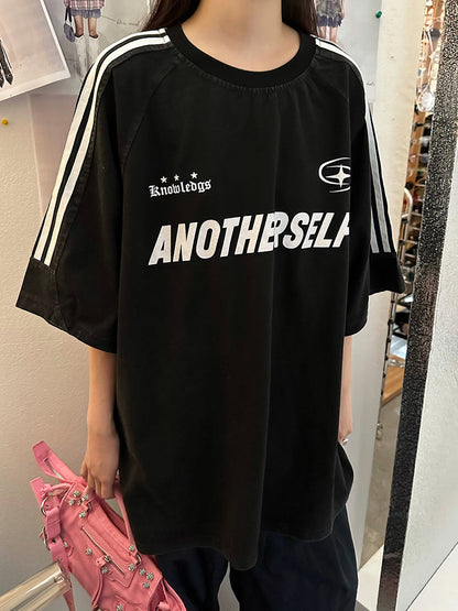 Antmvs ANOTHERSELF Graphic Letter Print Solid Color Loose Short Stripe Sleeve Tee Shirt Top