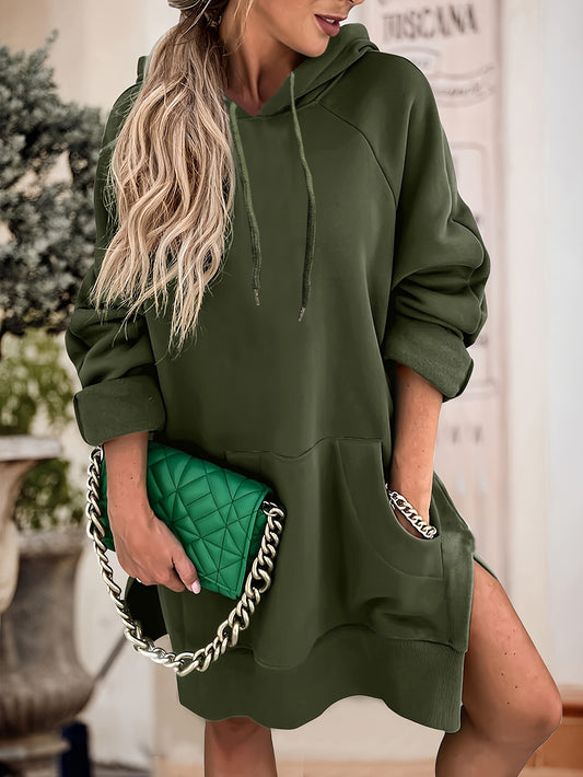 Antmvs Drawstring Hooded Solid Dress, Casual Split Long Sleeve Kangaroo Pocket Dress, Women's Clothing