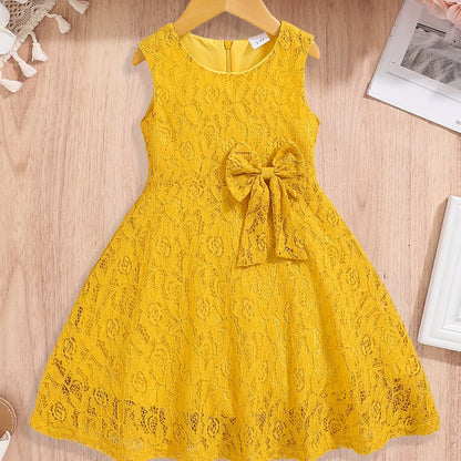 3-10 Years Old Girls Lovely Sleeveless Fit and Flare Lace Party Dress with Bowknot Front - Knee High, Non-Stretch, Solid Color, Casual Style for Summer