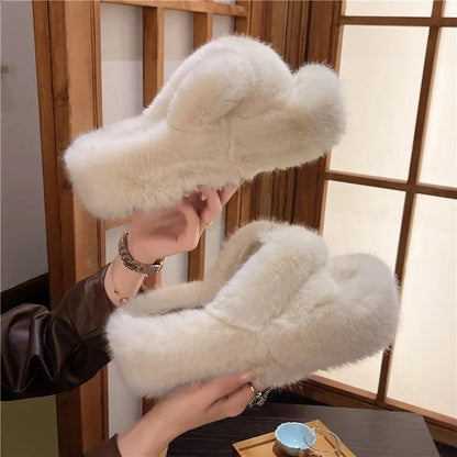 Winter Fluffy Slippers Women House Home Fur Slippers for Women Flat Platform Cozy Fuzzy Indoor Shoes Korean Slides 240830