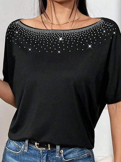 Antmvs Split-Joint Rhinestone Loose Batwing Sleeves One-Shoulder T-Shirts