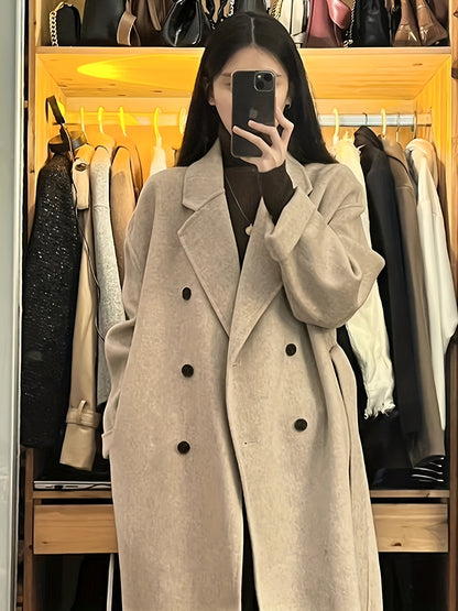 Antmvs Solid Double Breasted Belted Overcoat, Elegant Lapel Long Sleeve Pockets Outwear For Fall & Winter, Women's Clothing