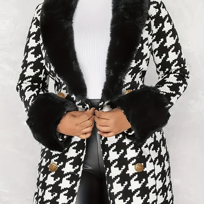 Antmvs Houndstooth Faux-Fur Trim Outwear, Elegant Double Breasted Long Sleeve Belted Coat For Winter, Women's Clothing