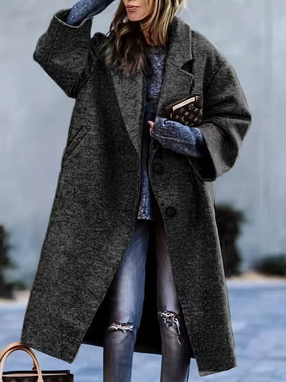 Antmvs Plus Size Casual Coat, Women's Plus Solid Button Up Long Sleeve Lapel Collar Long Coat