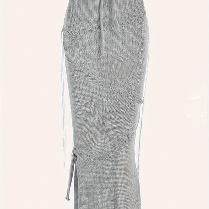 Antmvs Solid Knitted Drawstring Waist Side Shirring Skirt, Casual Asymmetrical Ankle Skirt . Women's Clothing