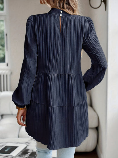 Antmvs Textured Keyhole Blouse, Elegant Mock Neck Long Sleeve Blouse, Women's Clothing