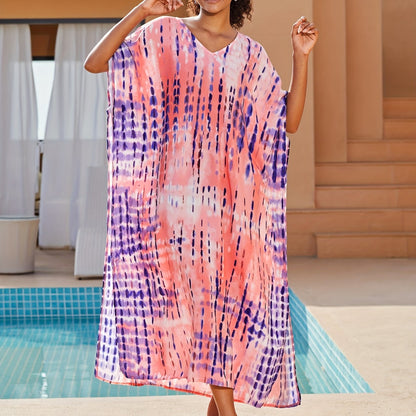 Antmvs Full Printed Side Split Dress, Boho V Neck Maxi Beach Wear Dress, Women's Clothing
