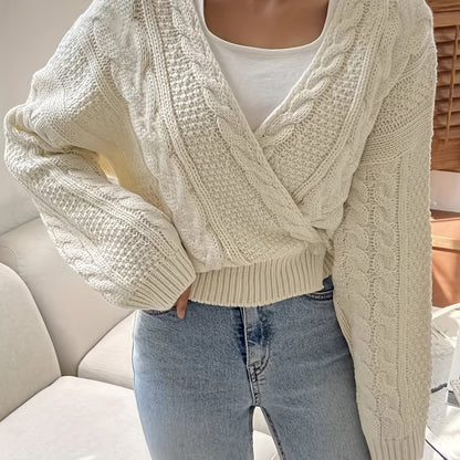 Antmvs Solid Cable Surplice Neck Cardigan, Vintage Long Sleeve Drop Shoulder Outwear, Women's Clothing