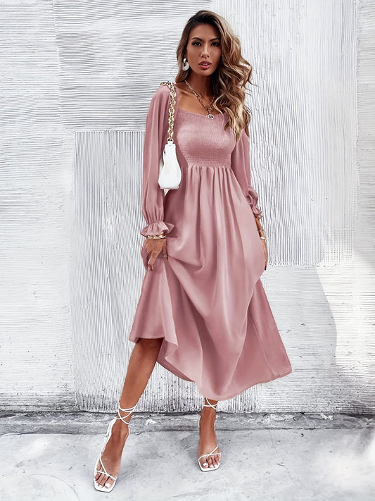 Antmvs Solid Squared Neck Dress, Casual Long Sleeve Ruffle Trim Shirred Maxi Dress, Women's Clothing