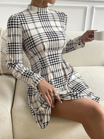 Antmvs Plaid Print Mini Dress, Elegant Mock Neck Long Sleeve Dress, Women's Clothing