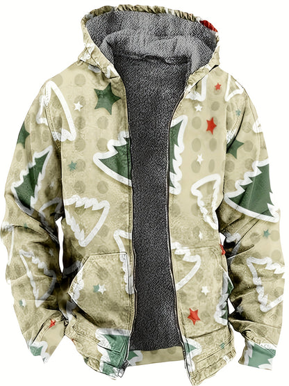 Plus Size Men's Christmas Tree Graphic Print Hooded Jacket Fall Winter Tops, Men's Clothing