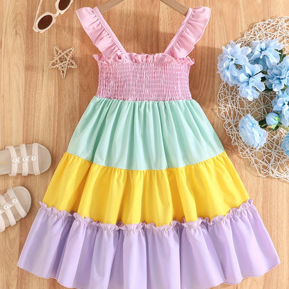 Adorable Girls Rainbow Splicing suspender Dress - Colorful & Playful Design - Perfect for Little Fashionistas - Comfortable Everyday Wear